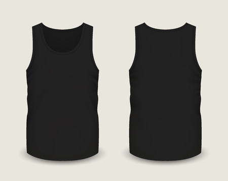 Mens black sleeveless tank in front and back views. Vector illustration with realistic male shirt template. Fully editable handmade mesh. 3d singlet used as mock up for prints or logo design.のイラスト素材