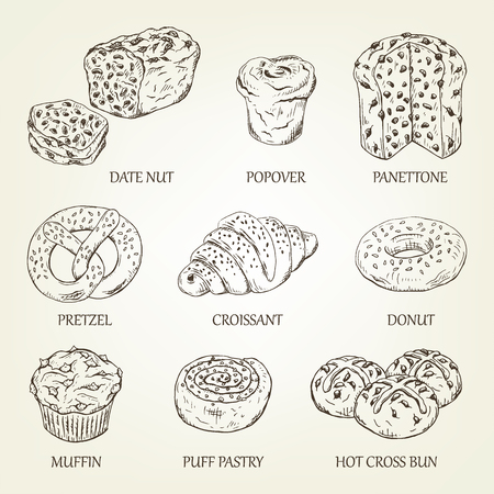 Graphic sketch of different pastry products. Vector illustration with realistic bread icons. Pastry silhouettes designed for advertising bakery, restaurant menu, logo or recipe book design.のイラスト素材