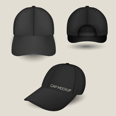 Black caps mockup in front, side and back views. Vector templates. Fully editable handmade mesh. Realistic hat set used for advertising labels, logo, emblem design or textile goods, for websites.のイラスト素材