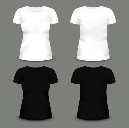 Set of womens white and black t-shirts in front and back views. Volumetric vector template. Realistic shirts mockup used for advertising labels, logo, emblem design or textile goods, for websites.の写真素材