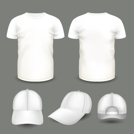 Set of mens white t-shirt and cap in front and back views. Volumetric vector template. Realistic shirts mockup used for advertising labels, logo, emblem design or textile goods, for websites.の写真素材