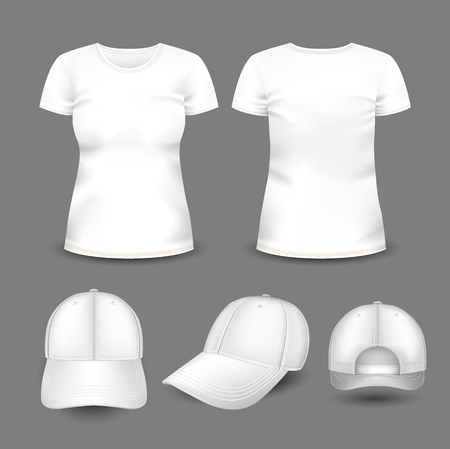 Set of womens white t-shirt and cap in front and back views. Volumetric vector template. Realistic shirts mockup used for advertising labels, logo, emblem design or textile goods, for websites.の写真素材