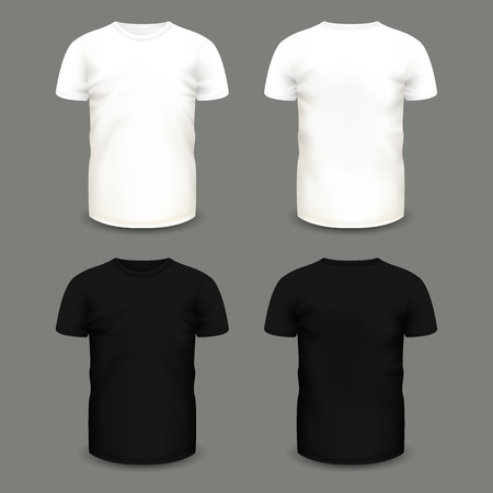 Set of mens white and black t-shirts in front and back views. Volumetric vector template. Realistic shirts mockup used for advertising labels, logo, emblem design or textile goods, for websites.の写真素材