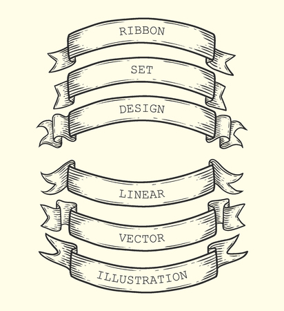 Set of vintage ribbon silhouettes isolated on background. Vector sketch templates, decorative objects. Empty retro tapes use as mockup for text, book, booklet, card, menu or banner design.のイラスト素材