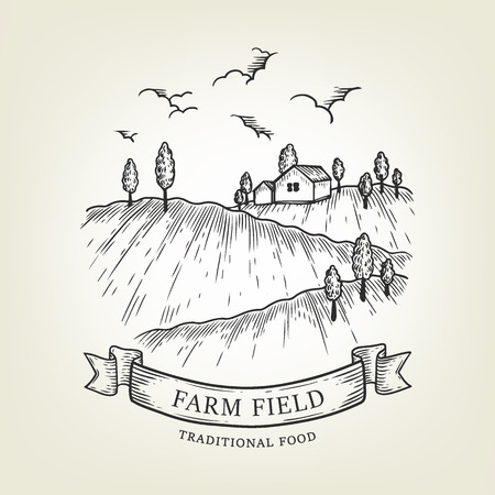 Vector farm landscape. Rural view done in graphic style, isolated on background. Outline field use as label, logo, sticker, emblem for advertising organic products or banner, book.のイラスト素材