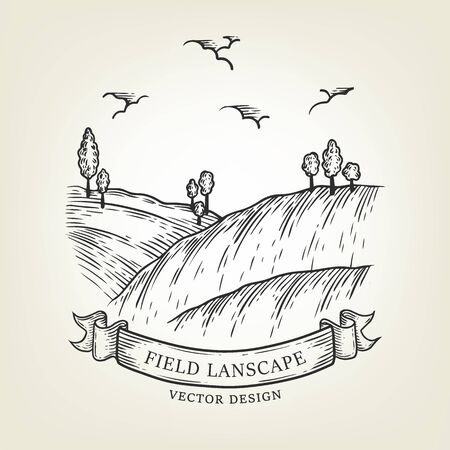 Sketch of field landscape with hills and trees. Vector illustration done in graphic style. Outline countryside use as label, logo, sticker, emblem for advertising organic products.のイラスト素材