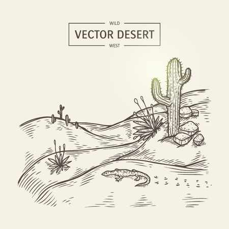 Sketch of a wilderness landscape. Vector desert silhouette with sand, cactus, stones and lizard.のイラスト素材