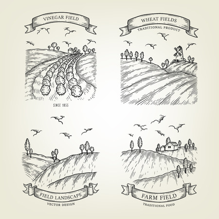 Set of farm landscapes with field views. Vector farmlands isolated on background. Outline countrysides are use as label, logo, sticker, emblem for advertising organic products.のイラスト素材