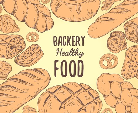 Vintage bread banner with text in the center. ulinary design with different kinds of baking. Vector template for bakery shop labels or menu, recipe design.のイラスト素材