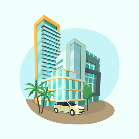 Modern cityscape architecture. Vector city composition with skyscraper, shopping center, office building , car and palms.のイラスト素材