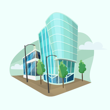 Modern office buildings. Vector cartoon style, flat design of corporate business center with skyscrapers, trees and lamps.のイラスト素材