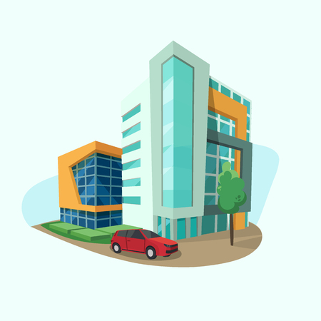 Cityscape icon with modern shopping center, office space and car. Town panorama done in cartoon style, flat vector design.のイラスト素材