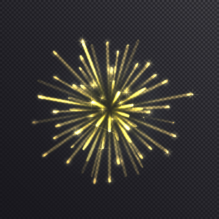 Shiny golden firework isolated on transparent background. Vector illustration of glowing flash effect can be used for celebration card, banner or background creation.のイラスト素材