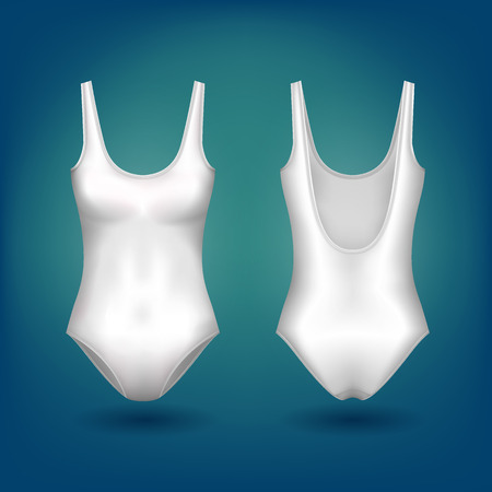 Isolated women or ladies sleeveless one piece swimsuit with scoop neck and open back. Female swimwear or girl sportswear for swimming at ocean or sea, pool apparel. Femininity and woman clothing themeのイラスト素材