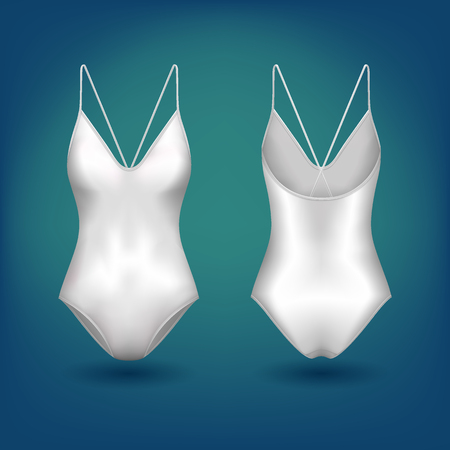 Females sleeveless sportswear for pool swimming. Ladies one piece swimwear with strings, women swimsuit with scoop neck, girl clothing or uniform for seaside. Fashion and clothing, apparel themeのイラスト素材
