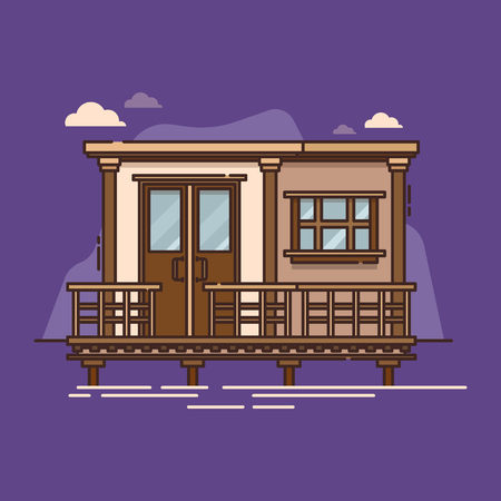 Exterior view of house standing, floating on waterの写真素材