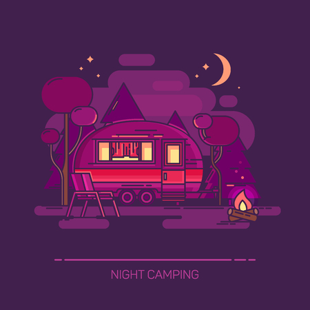 Outdoor view on cartoon trailer at night campingのイラスト素材