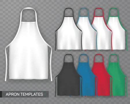 Set of isolated apron mock up. Protective cloth different colors, working uniform for kitchen cooking chef, baker, butcher bib or housewife clothing, professional, domestic wear accessoryのイラスト素材