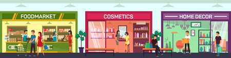 Mall floor with cosmetics shop, food market and home decoration storeのイラスト素材