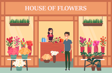 Woman seller at flower shop with bouquetのイラスト素材