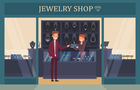 Jewelry shop showcase with man choosing ringのイラスト素材