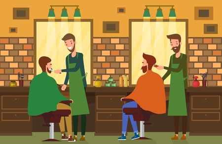 Indoor view at barbershop salon with barber and hairdresser.のイラスト素材