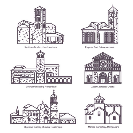 Set of isolated churches of Montenegro, Andorraのイラスト素材