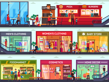 Shopping center with shops showcases on floorsのイラスト素材
