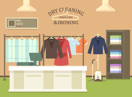 Dry cleaning and ironing shop interior viewのイラスト素材