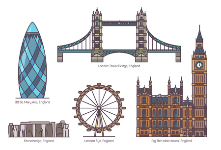 UK or England famous architecture landmarks. 30 St. Mary Axe or The Gherkin, London Eye and Tower Bridge, English Stonehenge and Big Ben Clock Tower. Set of isolated sightseeing tourist British placesのイラスト素材