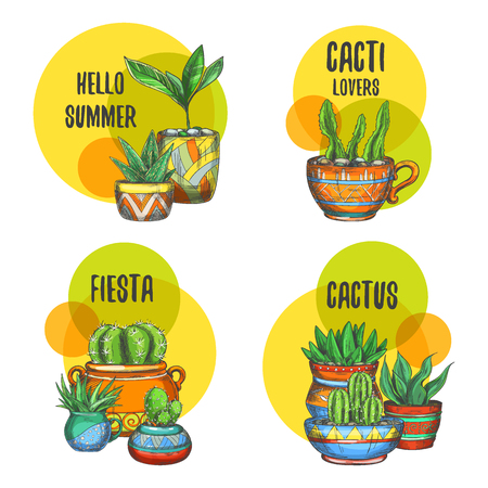 Set of isolated labels of cactus, succulent plantsのイラスト素材