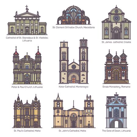 Set of isolated color churches of Europeのイラスト素材