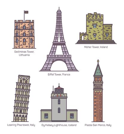 European landmarks with towers in thin lineのイラスト素材