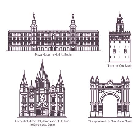 Thin line style of Spain sightseeing architecture landmarks. Cathedral of Holy Cross or St Eulalia in Barcelona, Main Square or Plaza Mayor in Madrid, Torre del Oro, Triumphal Arch or Arc. Spanishのイラスト素材