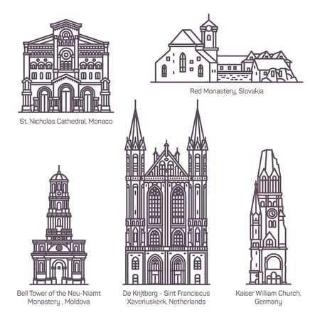 Set of thin line old european churches. Religionのイラスト素材
