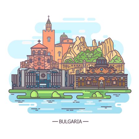 Scenic view on Bulgaria historical landmarks, lineのイラスト素材