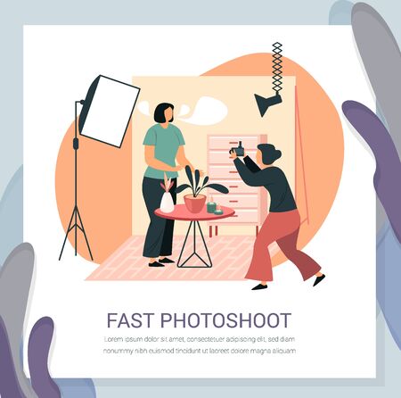 Woman at photoshoot. Photographer doing photo session with lights and background, tripod and table, chest drawers and vase. Room with softbox lamp. Portrait with backdrop. Photo studio, photographyのイラスト素材