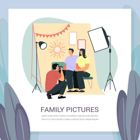 Family photoshoot with softbox light and frames. Professional photographer session for wife and husband, married couple. Photo studio scene with simple cartoon people. Man with camera photographingのイラスト素材