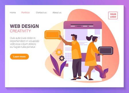 Web design, mobile applications UI and UX software development studio, website template. Web graphic design agency, digital content and online services landing page, vector flat graphic bannerのイラスト素材