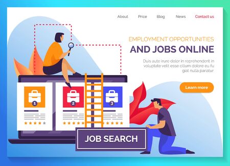 Job search portal website template, vector flat graphic, modern responsive design. HR company and human resources and headhunting agency web banner, job vacancy and professional employee online searchのイラスト素材