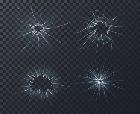 Set of isolated glassware cracks or glass holes, crushed screen and broken window on transparent background. Mirror damage or breaking shattered material background. Broken or cracked surfaceのイラスト素材