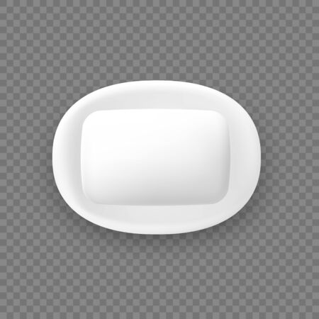 Cartoon isolated white rounded soap on holder, hygiene detergent for body and skin on saucer. Bathroom and spa, wash and water, toilet and bath, clean and beauty, shower theme. Toiletriesのイラスト素材