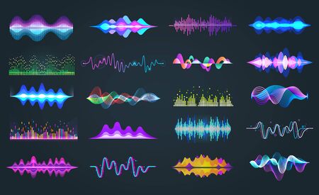 Set of isolated audio equalizer or voice frequency, sound waves or music spectrum. Bar soundwave for...