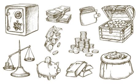 Set of sketch of money and banknotes, wallet and treasure chest, falling coins and stack dollar, scales and piggy bank, golded ingot and bag, sachet and pig, moneybag. Business and finance, economyのイラスト素材