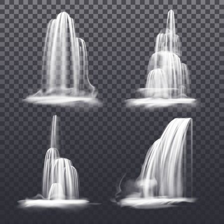 Set of realistic cascade waterfall or fountain water. Vector mountain streams or falling river, victoria fall on transparent background. Isolated nature decoration landscape. Liquid flow. Sceneryのイラスト素材