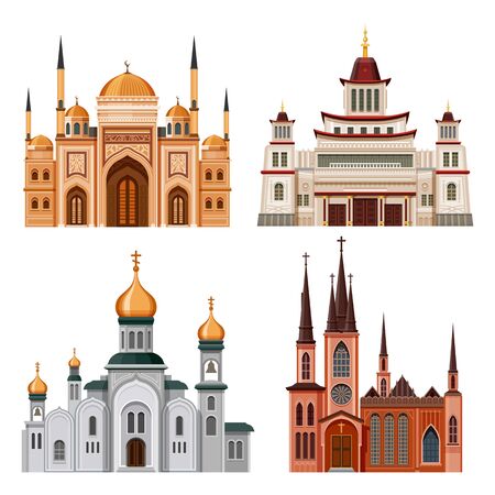 Set of church, temple, mosque and pagoda buildingsのイラスト素材
