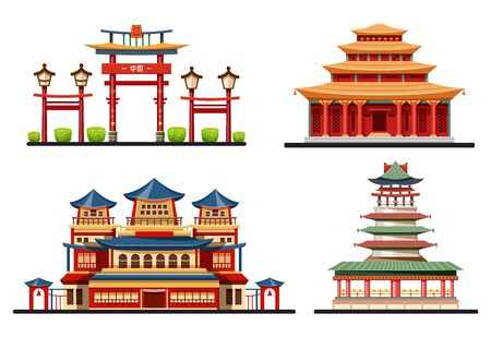 Chinese buildings, temples and pagodas, vector icons set. Traditional Chinese style roofs of Beijing city palace, entrance gates, ancient halls and Buddhist bell towers, Asian architecture designのイラスト素材