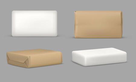 Soap bar and package, rectangular realistic mockup template, vector 3D isolated model. White soap bar in brown paper wrapper, handmade soap for cosmetic beauty and body care brand designのイラスト素材