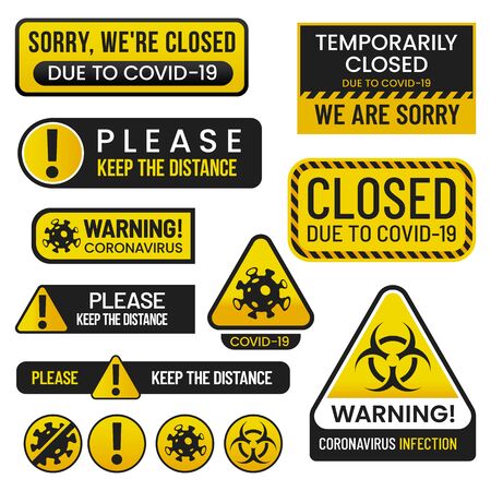 Set of vector covid 2019 danger signs. Coronavirusのイラスト素材