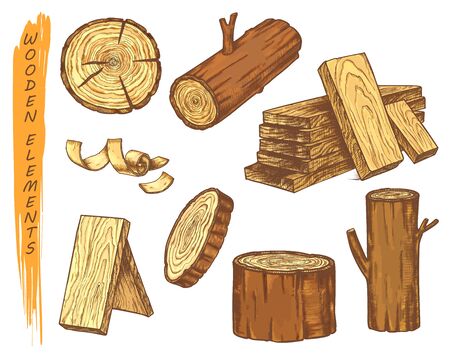 Isolated sketch of wooden elements in colorのイラスト素材